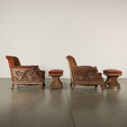 Pair of Armchairs with Footstool Walnut Italy 20th Century