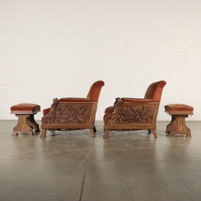 Pair of Armchairs with Footstool Walnut Italy 20th Century