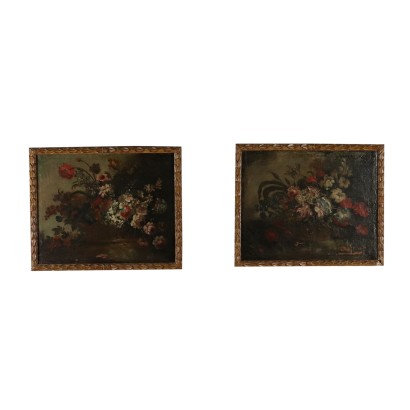 Pair of Still Lives with Flowers Oil Paintings 18th Century