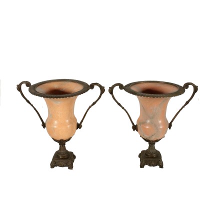 Pair of Vases with Handles Marble Bronze 20th Century