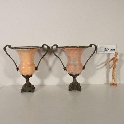 Pair of Vases with Handles Marble Bronze 20th Century
