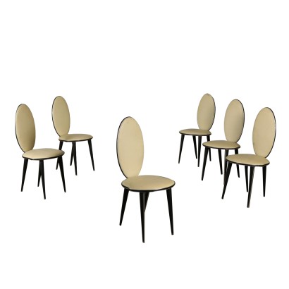 Suite de six Chaises Bois Mousse Similcuir Laiton Italie Années 50