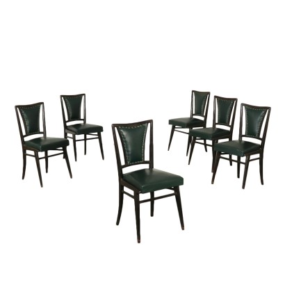 Suite de six Chaises Bois teint ébène Ressorts Italie Années 50