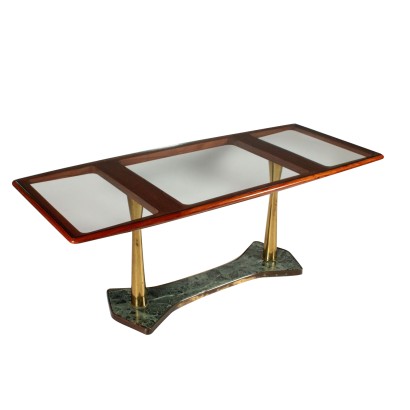 Table Acajou Verre transparent Laiton Marbre Italie Années 50