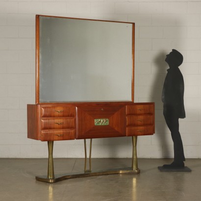 Buffet avec Miroir Placage de Teck Laiton Marbre Italie Années 50