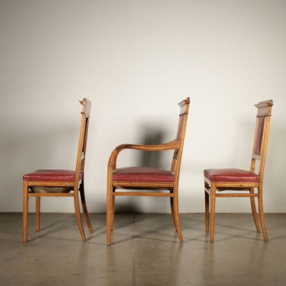 Pair of Chairs and Armchair Maple Walnut Italy 20th Century