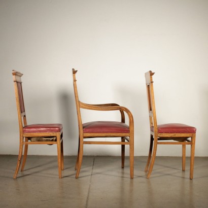 Pair of Chairs and Armchair Maple Walnut Italy 20th Century