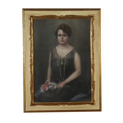 Female Portrait Pastel on Paper on Canvas Mid 1900s