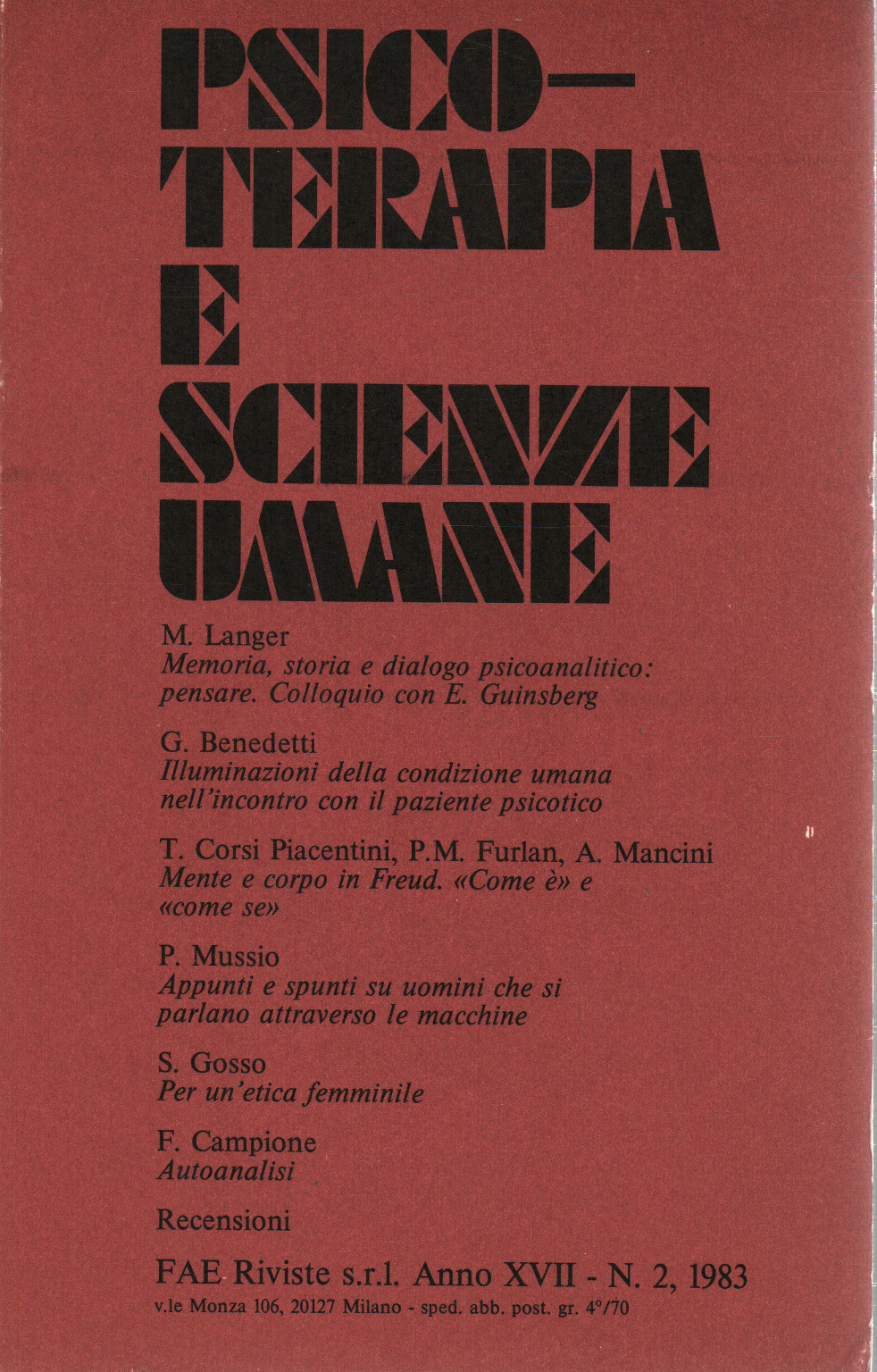 Psico-terapia e scienze umane, Anno XVII - N. 2, 1, s.a.