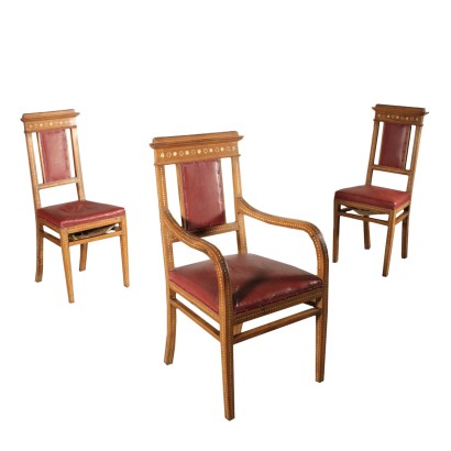 Pair of Chairs and Armchair Maple Walnut Italy 20th Century