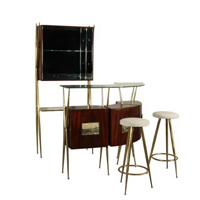 Bar Counter and Stools Glass Mahogany Veneer Vintage Italy 1950s