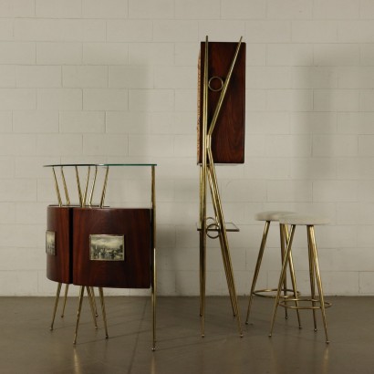 Bar Counter and Stools Glass Mahogany Veneer Vintage Italy 1950s