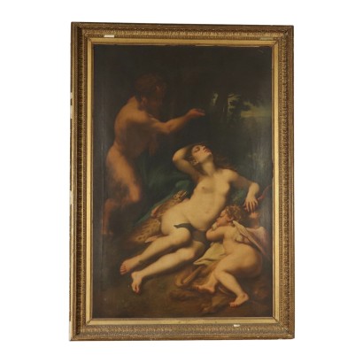 Vénus et Amour épiés par un Satyre Huile sur Toile '700