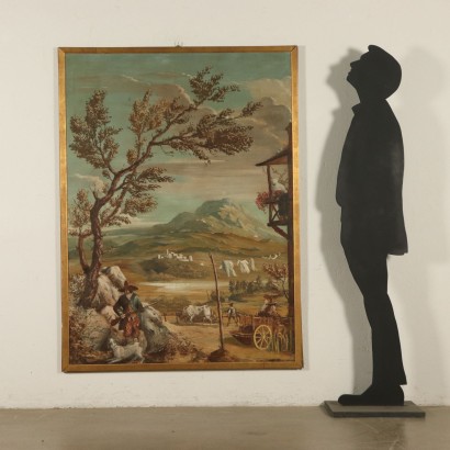 Ländliche Landschaft mit Figuren Tempera 19. Jahrhundert