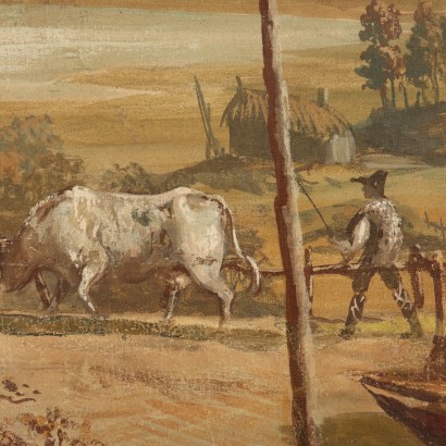 Paysage Rural avec des Figures Tempera sur Toile Fin'800 Début'900