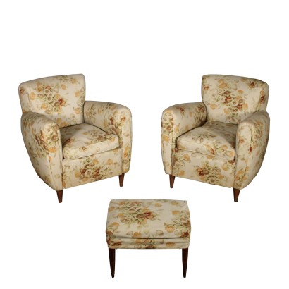 Pair of Armchairs with Footstool Fabric Vintage Italy 1940s