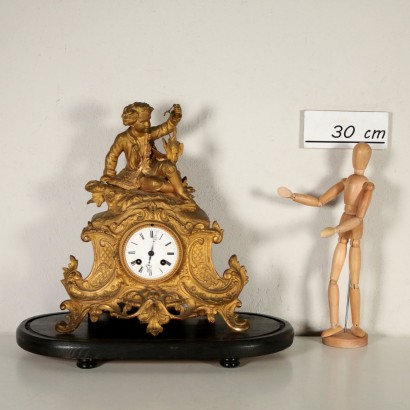 Table Clock on Wooden Base Gilded Antimony France Late 1800s