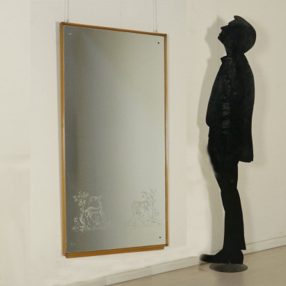 Miroir au Mur Hêtre Verre Miroir Fabriqué en Italie Années 50