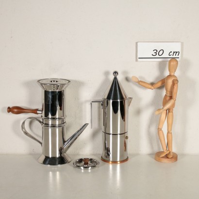 Deux Cafetières Officina Alessi Acier Bois Cuivre Italie Années 80