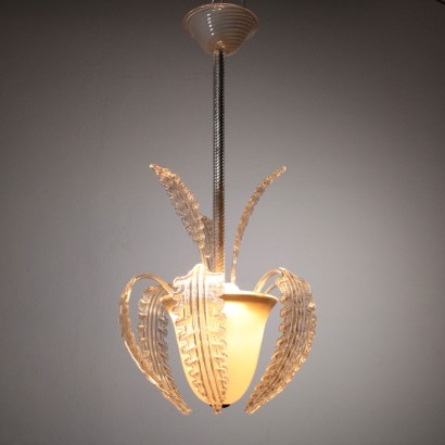 Chandelier Frosted Glass Crystal Vintage Italy 1940s