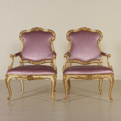 Pair of Armchairs Carved Lacquered Walnut Mid 1800s