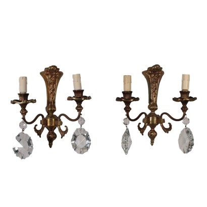 Pair of Sconces Treated Bronze Glass Vintage Italy 20th Century