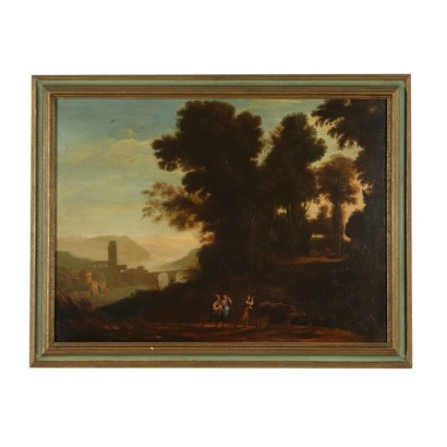 Bucolic Landscape with Shepherds and Herd Painting 18th Century