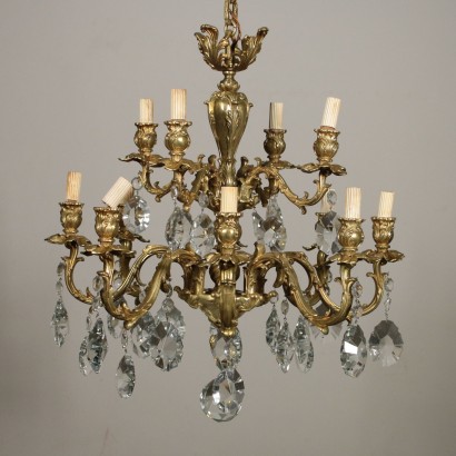 Lustre à douze Bras Bronze forgé Cristal Italie Premier '900