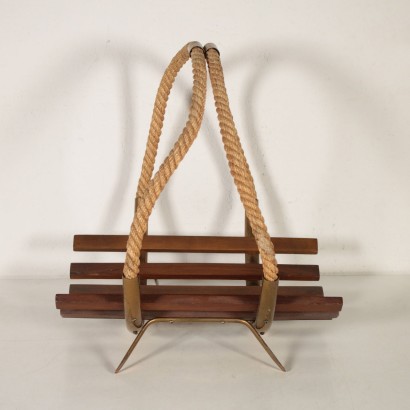 Magazine Rack Teak Brass Hemp Rope Vintage Italy 1960s