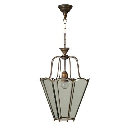 Lantern Chandelier Brass Glass Italy 20th Century