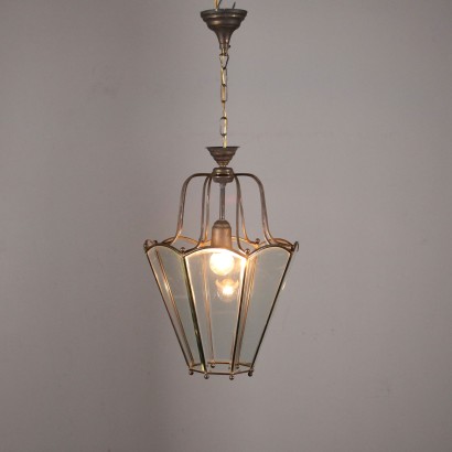 Lantern Chandelier Brass Glass Italy 20th Century