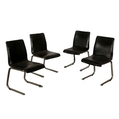 Quatre Chaises Mousse Simil Cuir Métal chromé Italie Années 70