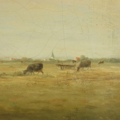 Landscape with grazing cows Painting Late 1800s