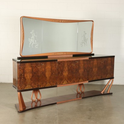 Buffet with Mirror Rosewood Burl Veneer Vintage Italy 1940s