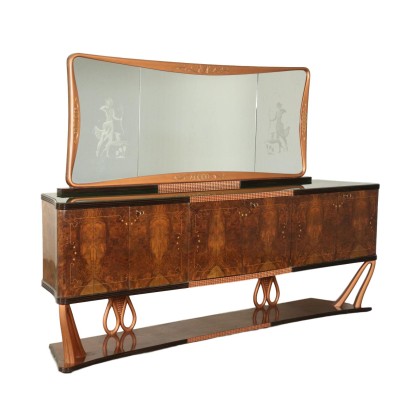 Buffet with Mirror Rosewood Burl Veneer Vintage Italy 1940s