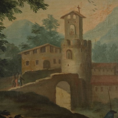 Landscape with Buildings and Figures Painting 18th Century