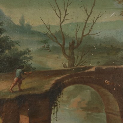 arte, arte italiano, pintura italiana antigua, paisaje con río y figuras