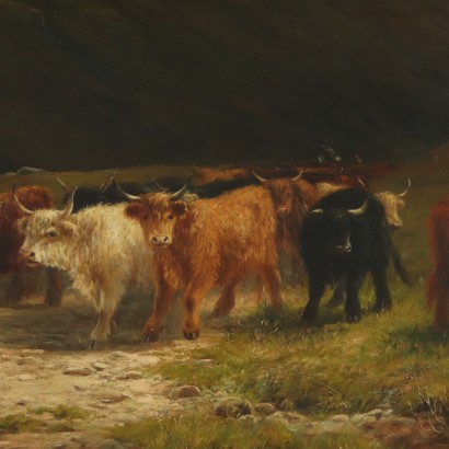 Louis Bosworth Hurt Weidende Kühe im Hochland Ölgemälde 1881