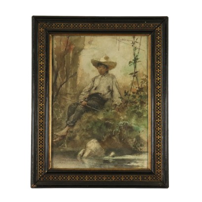 Painting by Roberto Fontana Young Fisher 19th Century