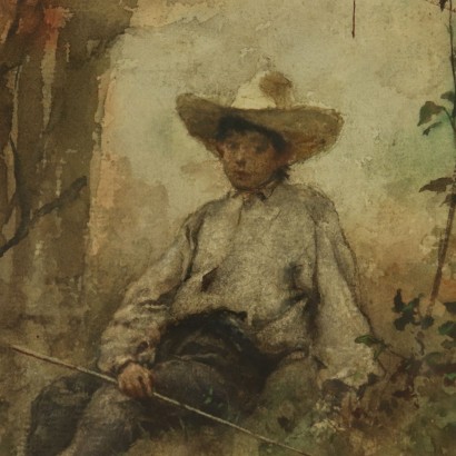 Painting by Roberto Fontana Young Fisher 19th Century