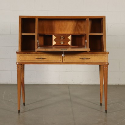 Drop-leaf Desk Walnut Burl Veneer Vintage Italy 1950s