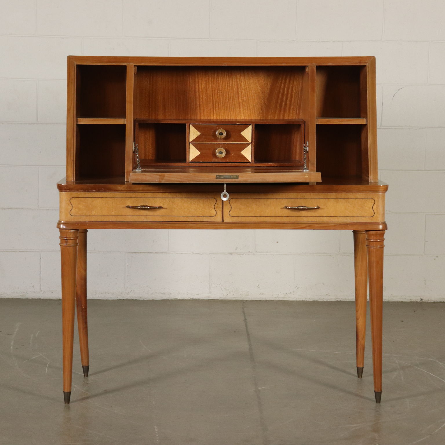 Drop Leaf Desk Walnut Burl Veneer Vintage Italy 1950s Furniture