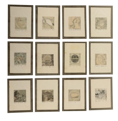 Groupe de douze Oeuvres de Collage Technique mixte Années 1980