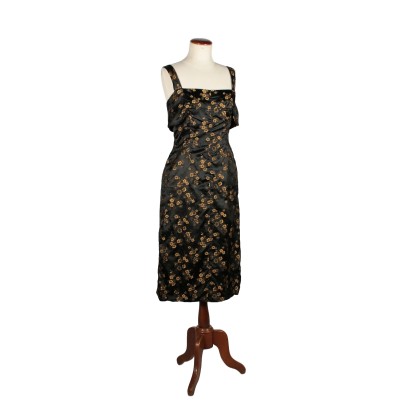 Robe Vintage Soie noire Fleurs dorées Milan Italie Années 50