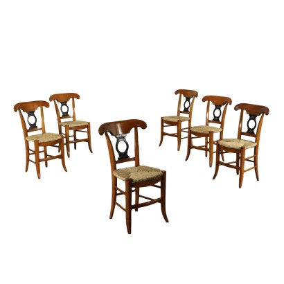 Groupe de six Chaises Restauration Merisier Italie Deuxième quart '800