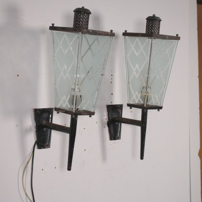 Pair of Wall Lights Iron Frosted Glass Vintage Italy 1950s