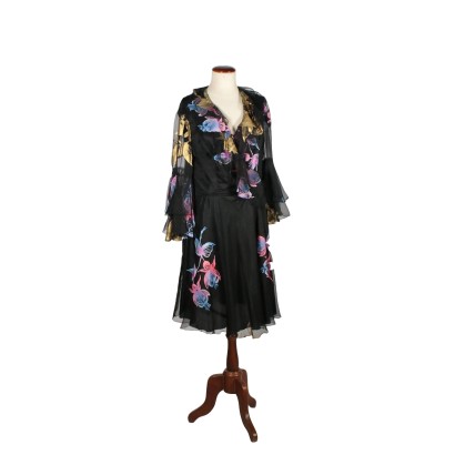 Robe Vintage Voile Noir Fleurs fuchsia Imprimées Vers 1960