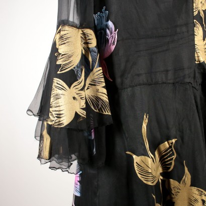 Vintage Black Voile Dress with Flowers 1960s