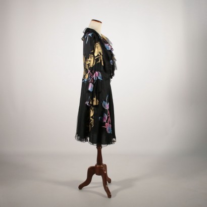 Vintage Black Voile Dress with Flowers 1960s