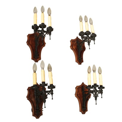 Set of Four Sconces Iron Walnut 20th Century